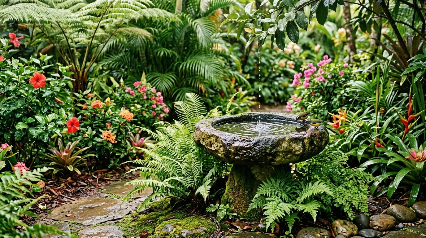 Stone Bird Bath in a Tropical Garden